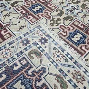 Tapis en laine noué à la main, tapis à motifs géométriques tribaux, tapis traditionnel crème bleu marron, décoration pour salon, chambre à coucher, maison - Product Image 6