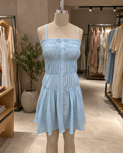 Light Blue Sweet Solid Spaghetti Strap Sleeveless Mini <b>Dress</b> Square Neck <b>Ruffle</b> Hem Loose A-Line Woven Fabric Button Front - Product Image 4