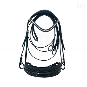 Brida de cuero negro premium personalizada para caballo, ancha, con doble acolchado de neopreno suave, cuero charol, frenteal con cristales ondulados, OEM - Product Image 6