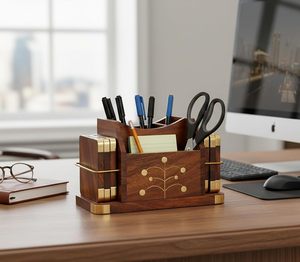 Handcrafted Wooden Desk Organizer with Brass Accents Multi Compartment Office <b>Stationery</b> <b>Holder</b> Pen Pencil Scissor Letter Note - Product Image 1