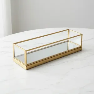 Brass Framed Glass Lacquered Storage Tray Rectangle Modern Design Single Tier Mirror Base <b>Vanity</b> <b>Table</b> Organizer Jewelry - Product Image 1