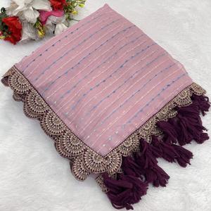 Pink Embroidered Saree Net Unstitched Indian Traditional Wear Heavy Blooming Vichitra <b>Silk</b> <b>Fabric</b> Floor-Length Regular Fit for - Product Image 3