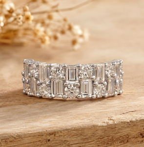 Bague de mariage double rangée en or massif 10K 14K 18K certifiée IGI, diamants de laboratoire taille baguette et ronds, couleur DEF, clarté VS VVS - Product Image 3