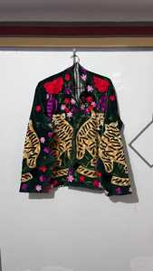Chaqueta Boho de Terciopelo Bordada con Patrón de Tigre y Flores, Frente Abierto, Manga Larga, Corte Holgado, Unisex, para Todas las Temporadas - Product Image 1