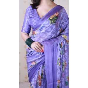 Sari de Georgette Violeta para Mujer con Blusa y Camisa Suave y Elegante con Estampado Floral y Tejido Zari - Product Image 2