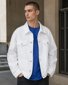 High Quality Custom <b>Mens</b> <b>White</b> Denim Jean <b>Jacket</b> Garment Dyed Single Breasted Retro Casual Autumn Winter 100% Cotton Windproof - Product Image 6