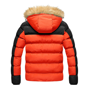 Blouson d'hiver matelassé à capuche pour homme, coupe-vent, avec blocs de couleur orange et noir, fermeture éclair, décontracté, en polyester épais, coupe régulière - Product Image 2
