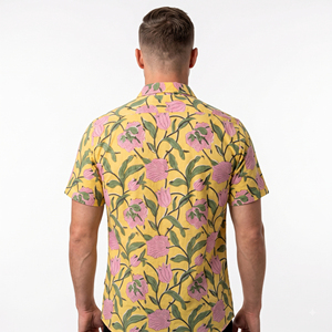Floral Flock Print Eco-Friendly Knitted Poplin Men's Casual Summer <b>Shirt</b> <b>Short</b> <b>Sleeve</b> Turn-down Collar 100% Cotton - Product Image 2