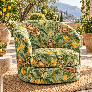 Tissu d'ameublement tissé léger et respirant à motif personnalisé Monkey Banana Bird, vert sauge - Product Image 1