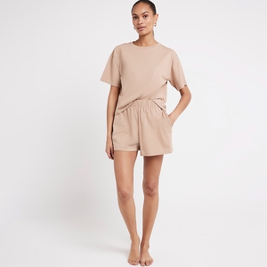Conjunto de 2 Piezas para Mujer, Top Corto con Capucha y Pantalones Cortos de Algodón Tejido, Color Sólido, Transpirable, Informal, para Primavera/Verano - Product Image 3