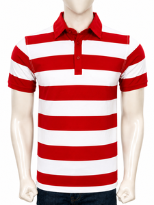 Chemise à manches courtes rayée pour homme en tissu Oxford, écologique, 100% coton, motif rouge et blanc, coupe classique - Product Image 1