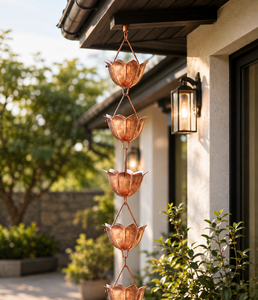 Chaîne de pluie en métal avec 15 coupelles de lotus, hauteur 8 pieds, étanche, couleur cuivre, esthétique, pour extérieur, jardin, maison, charmante. - Product Image 1