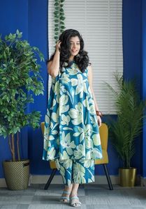 Conjunto de Kurta y Pantalón KV para Mujer, Estampado Floral, Viscosa y Rayón - Product Image 4