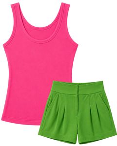 Conjunto de Dos Piezas para Mujer, Top Rosa Intenso y Pantalones Cortos Verde Lima, Ropa Casual de Verano, Estilo Lounge, Ajuste Suave y Elástico - Product Image 1