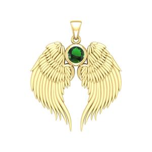 Green Emerald Quartz Guardian Angel Wing Birthstone <b>Pendant</b> Gold Plated with Round Crystal 3 cm Celestial Wing Charm Necklace - Product Image 1