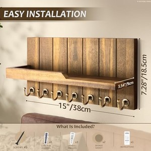 Jatoba Wood <b>Key</b> Holder with Shelf - Handcrafted Brass Hooks Wholesale - Product Image 3