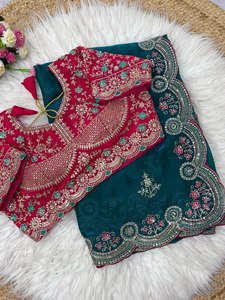Sari en satin de soie Fendy Premium Reglance pour femme, broderie de sequins traditionnelle pour mariage, bordure lourde, entièrement orné de motifs Butta - Product Image 5