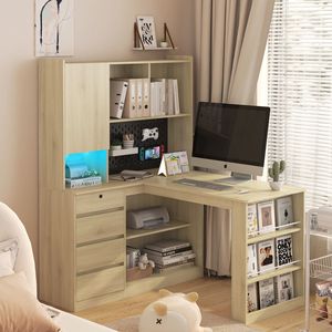 Bureau d'angle moderne pour la maison avec éclairage LED, chargeur, tiroirs et étagère – Bureau d'ordinateur durable pour l'étude ou le travail - Product Image 1