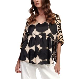 Blusa de Mujer con Estampado Abstracto, Cuello en V, Manga Ancha, Corte Regular, Gasa con Volantes, Informal, ODM, Ligera y Moderna - Product Image 3