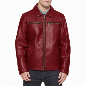 Veste en cuir rouge pour homme, col rabattu, fermeture éclair, vêtement d'extérieur décontracté pour l'automne, coupe classique, couleur unie - Product Image 4