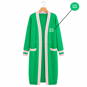 Cosh International Sorority Sisterhood Acrylic <b>Ladies</b> Green <b>Long</b> Sleeve <b>Cardigan</b> With Pink Trim And Pockets For Women - Product Image 5