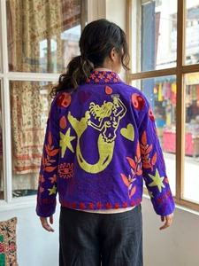 Women's Purple Velvet Embroidered Fleece <b>Jacket</b> With Floral Applique And <b>Star</b> Heart Pattern Stand Collar Open Closure - Product Image 4