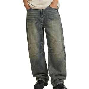 Vaqueros de mezclilla para hombre, lavados a la piedra, de pierna ancha, corte holgado, talla grande, cintura media, estilo casual urbano, 100% algodón, con bolsillo de parche - Product Image 1
