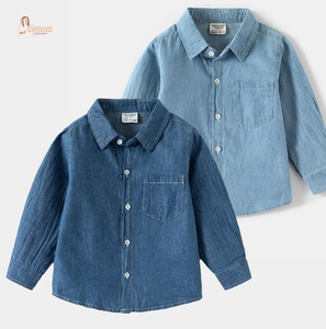 เสื้อเชิ้ตเดนิมลำลอง แขนยาว สีพื้น ปกคอปก กระเป๋าเสื้อ ทรงปกติ สำหรับเด็กผู้ชาย ผ้าฝ้าย 100% ผ้าผ่านการซัก - Product Image 1