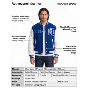 Chaqueta Varsity Personalizada OEM para Hombre, Mezcla de Lana, Mangas de Cuero Vacuno Genuino, Estilo Urbano, Chaqueta Bomber Letterman, Fabricante de Sialkot - Product Image 5