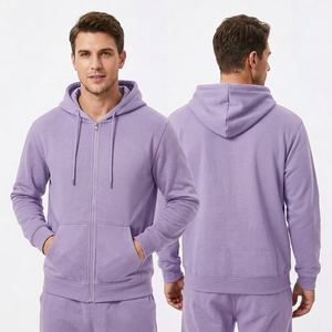 Men's <b>Navy</b> Blue Hooded Zip-Up <b>Sweatshirt</b> Regular Fit Solid Color Casual 100% Cotton Fleece Autumn Wear - Product Image 6
