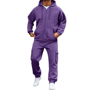 <b>Men's</b> <b>Purple</b> Hooded Tracksuit Set Full Sleeve Solid Color Zipper Closure Casual Breathable Lightweight Loose Fit Autumn Wear - Product Image 1
