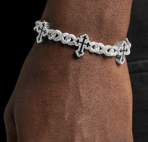 Cross Pattern 925 <b>Silver</b> 18K Gold Plated Vintage Wedding Chain <b>Bracelet</b> with Diamond Inlay Religious Unisex Everyday Wear - Product Image 1