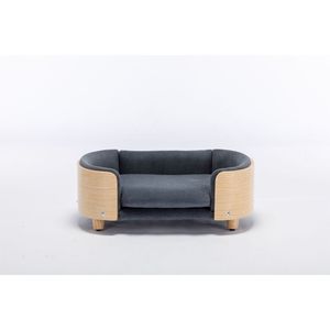 Cama elevada para perros de tamaño mediano, estilo escandinavo, patas de madera maciza, respaldo de madera curvada, cojín de terciopelo gris oscuro, sofá para mascotas - Product Image 3