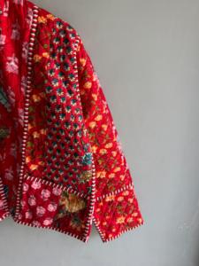 Red Floral Quilted <b>Jacket</b> With <b>Mandarin</b> <b>Collar</b> Three Quarter Sleeve Winter Women's Outerwear gift for her - Product Image 3
