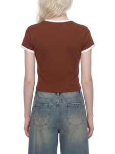 Camiseta Ringer Corta para Mujer, Ajustada, con Cuello en Contraste, de Algodón Casual, Estilo Baby Tee, de Moda - Product Image 6