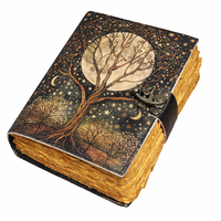 Grimoire en cuir fait main avec motifs arbre et lune - Carnet de calligraphie et d'esquisse A5 vintage, relié cousu, écologique, avec papier à bords festonnés