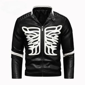 Chaqueta de Motociclista de Cuero Negra para Hombre con Estampado de Esqueleto Blanco, Cuello Alto, para Otoño - Product Image 1