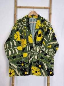 เสื้อแจ็คเก็ตผ้าฝ้ายซูซานีงานฝีมือสุดหรู สีเขียวมะกอก ปักลายพฤกษศาสตร์ พร้อมเข็มขัด สไตล์วินเทจ โบโฮ เอธนิค เสื้อคลุมผู้หญิง - Product Image 2