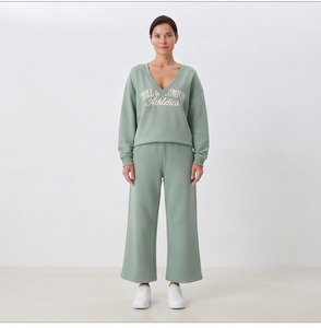 Ensemble de survêtement molletonné décontracté pour femme, col en V, coupe ample, longueur cheville, 100% coton - Product Image 5