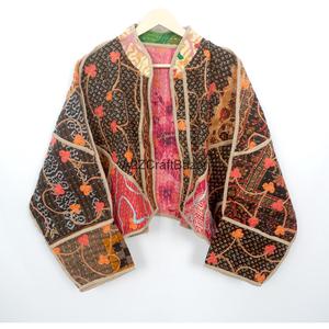 Eco-Friendly 100% Cotton <b>Kantha</b> Handmade Floral Printed Open <b>Jacket</b> Hand Quilted Detail Non Woven Knitted Process Spring Autumn - Product Image 2