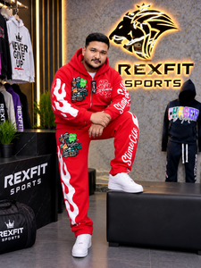 Custom Red Zip Up <b>Tracksuit</b> <b>Men</b> Graphic Streetwear Hoodie Jogger Set Printed Fleece Sweatshirt Pants Casual Sportswear Set - Product Image 2