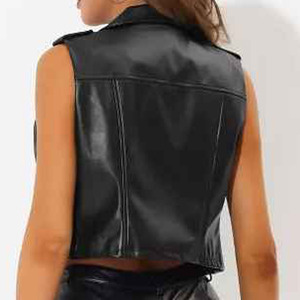 Chaleco de Motociclista de Cuero PU Negro con Cierre de Cremallera, Cuello Camisero, Corto, Ropa Exterior para Hombre, Estilo Otoñal, Color Sólido - Product Image 2
