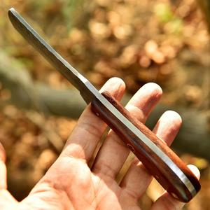 Cuchillo de vaquero forjado a mano de acero al carbono, con filo biselado, personalizado OEM, hoja fija de espiga completa, mango de palisandro y funda de cuero. - Product Image 3