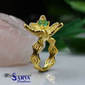 925 Sterling <b>Silver</b> <b>Emerald</b> Gemstone Gold Plated Floral <b>Ring</b> Luxury Jewelry Zirconia Accent Women Engagement Wedding Party Gift - Product Image 1