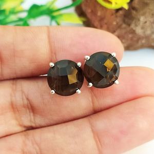 Natural Smoky Quartz Faceted Round Shape Gemstone <b>Earrings</b> 10mm Quartz Stone In 925 Sterling Silver Stud Stud <b>Earrings</b> For Women - Product Image 3