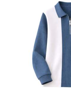 Sudadera Polo Personalizada para Hombre, Azul y Blanca, con Cierre de Cremallera de un Cuarto, Paneles Acanalados, Estilo Casual, Forro Polar, Manga Larga, Ropa Urbana - Product Image 3