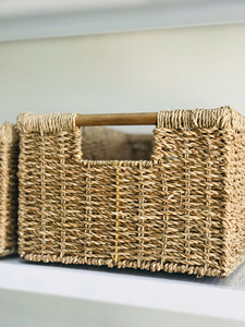 The Set of 3 Seagrass Rectangle <b>Basket</b> with Wooden Handle Multifunction Organizer <b>Basket</b> Handmade - Product Image 3