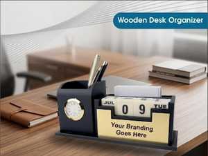 Luxury Office <b>Desk</b> Organiser with <b>Clock</b>, Memo Holder & Custom Logo Plate Wooden Executive <b>Desk</b> Set with Pen Stand, Card Holder, - Product Image 4