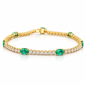 Bracelet tennis en émeraudes naturelles et diamants |   Bracelet de luxe en or jaune 14 carats avec diamants de 2 carats et émeraude ovale de 3,78 carats, 7 pouces, bijoux fins - Product Image 1