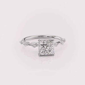 Bague de fiançailles en moissanite taille princesse, or blanc, solitaire avec bande d'accentuation en diamant, bague de mariée minimaliste, bague de promesse - Product Image 1